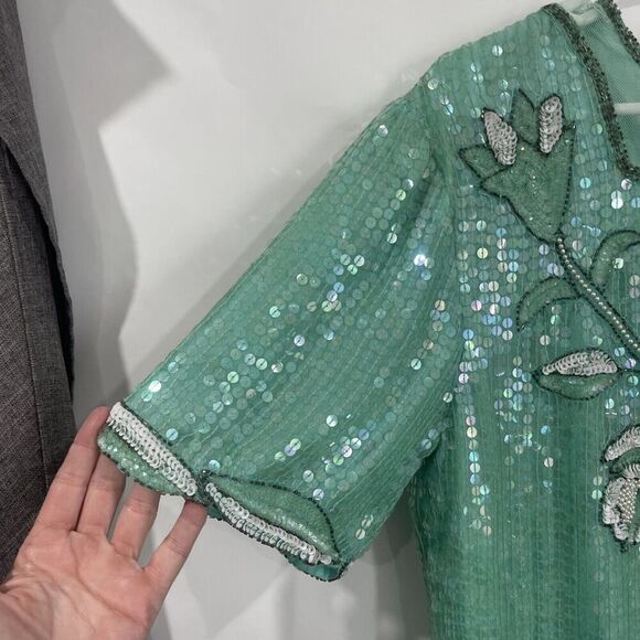 Vtg Royal Feelings Sz M Blouse Sequin Beaded Floral Top Sea Foam Green Cruise - Picture 4 of 13